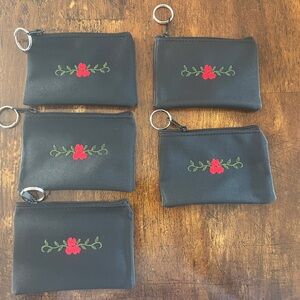 5 Coin Pouches with Red Floral Embroidery